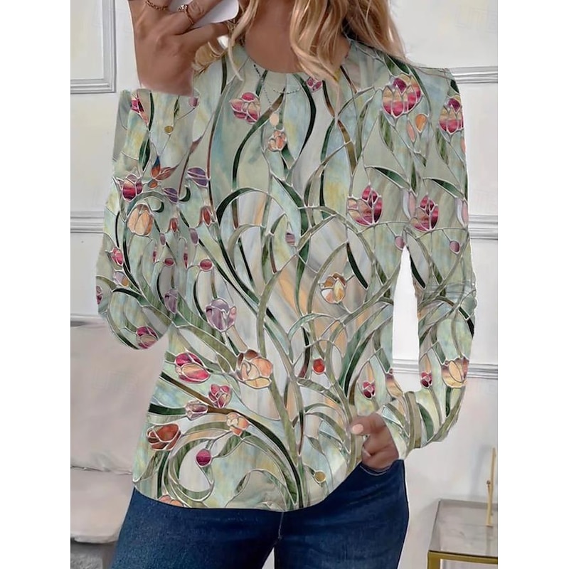 Women's T shirt Long Sleeve Crew Neck Long Sleeve Tunic Floral Elegant Vintage Regular Tops Daily Going out Weekend Print Grass Green White Light Green Prefall4