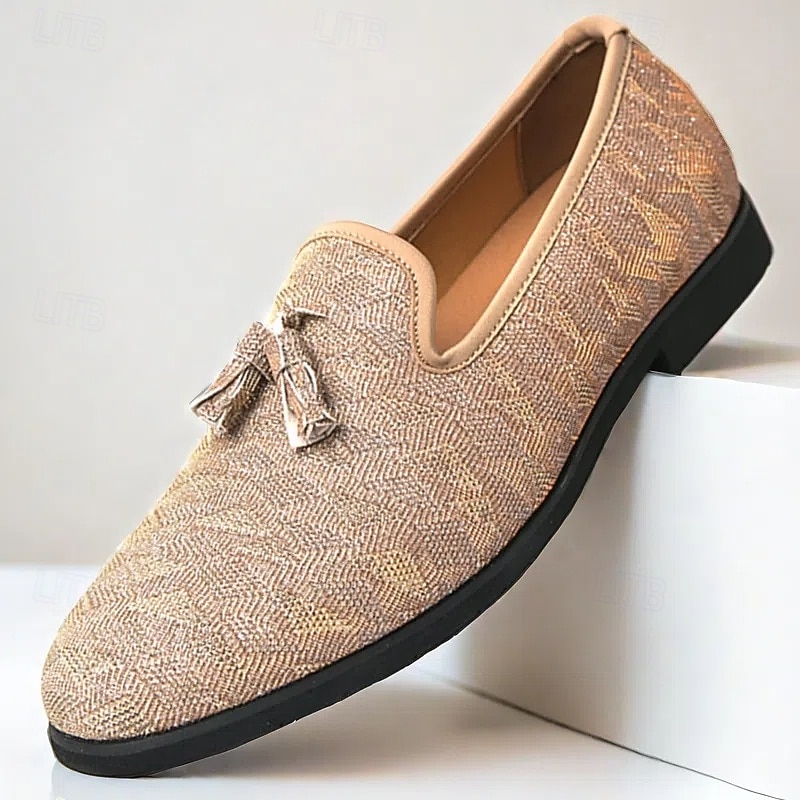 Men's Beige Herringbone Pattern Slip-On Loafers with Tassel Detail – Casual Elegance for Work, Weddings and Formal Occasions