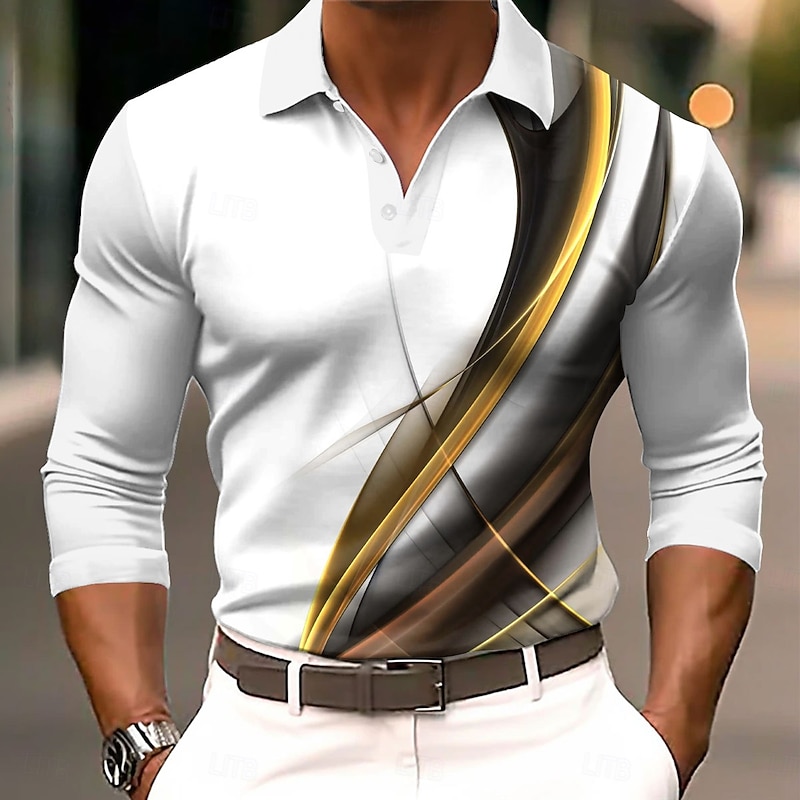 Men's Geometric Line Golf Shirt Long Sleeve Polo Shirts Collared Shirts Casual Business Casual Street Athleisure Outdoor clothing Holiday Buttons 3D Print Spring Fall Winter White Yellow Orange2