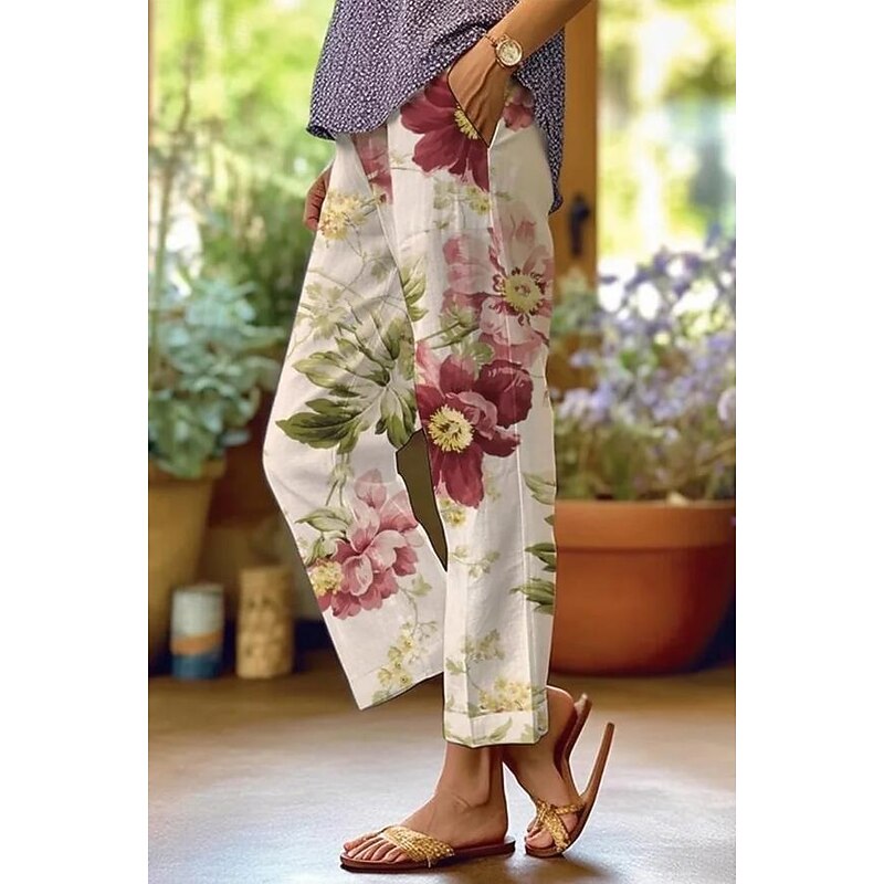 Women's Cotton Linen Pants Baggy Pants Linen Like Fashion Streetwear Full Length High Waist Floral Graphic Printing Thermal Warm Breathable Soft Micro-elastic Outdoor Daily off-white Fall Winter