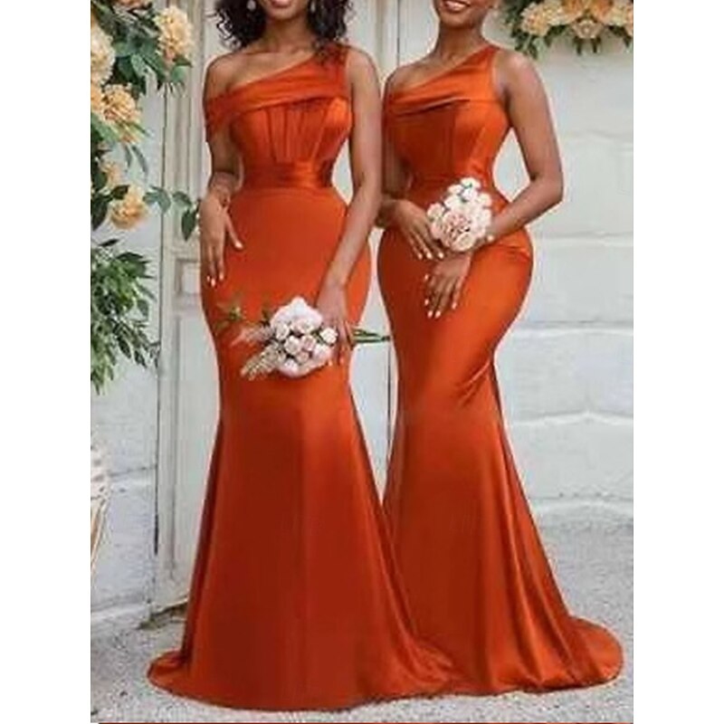 A-Line Bridesmaid Dress One Shoulder Sleeveless Elegant Floor Length Chiffon with Split Front 2022