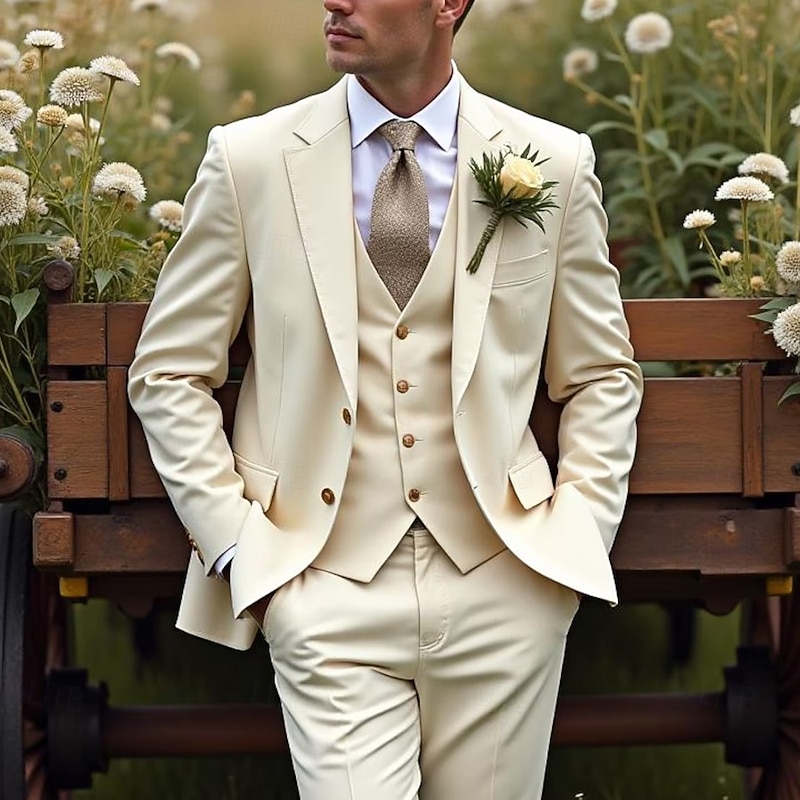 Men's Wedding Party Suits Notch Lapel Champagne Party Business Solid Colored Standard Fit 3 Piece Single Breasted Two-buttons