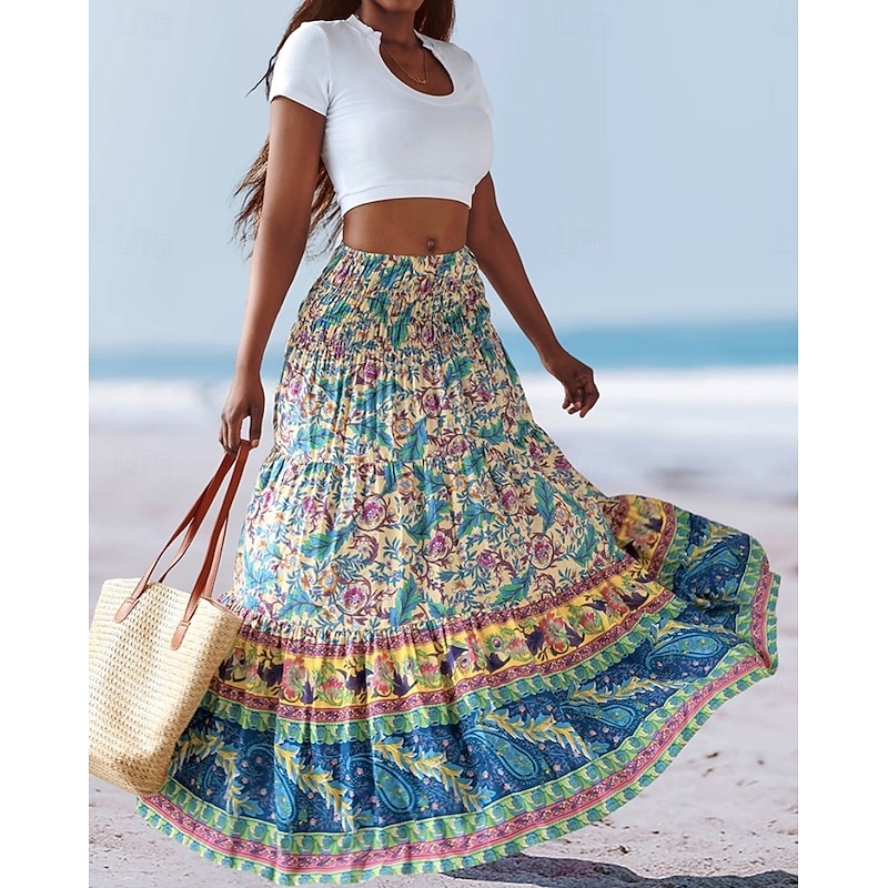 Women's Long Skirt Elegant Maxi High Waist Skirts Floral Geometric Ruched Print Flowy Inelastic Going out Casual Daily Black Red Blue Sky Blue Summer Polyester4