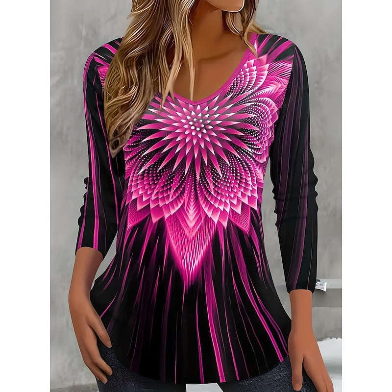 Women's T Shirt V Neck Long Sleeve Tunic Ombre Floral Geometric Elegant Vintage Regular Tops Daily Print Pink Orange Light Grey Summer Spring