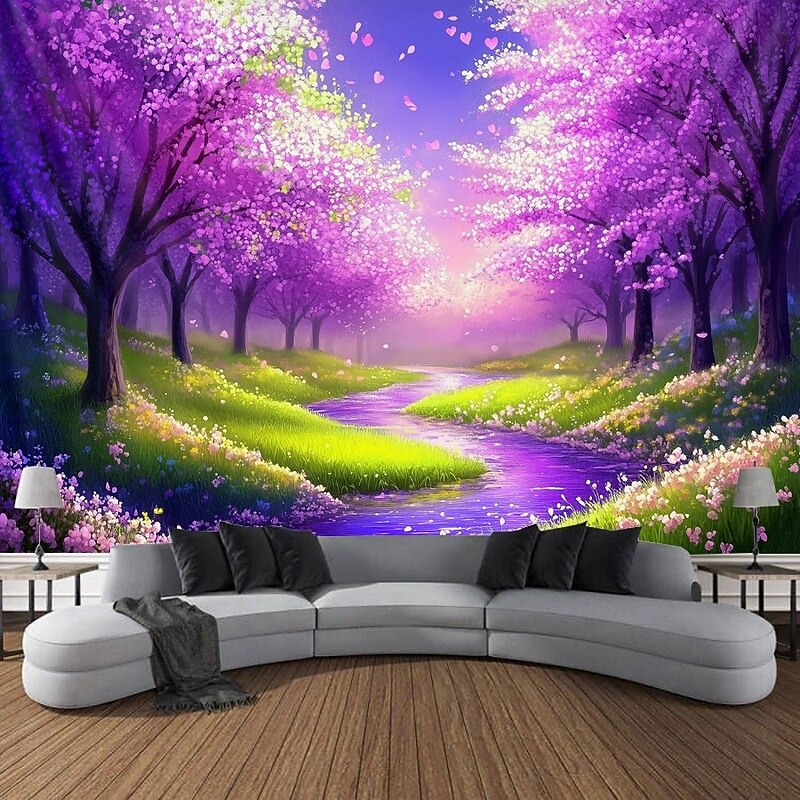 Blacklight Tapestry Glow in the Dark Glow Party UV Reactive Blossom Trippy Misty Nature Landscape Hanging Tapestry Wall Art Mural for Living Room Bedroom