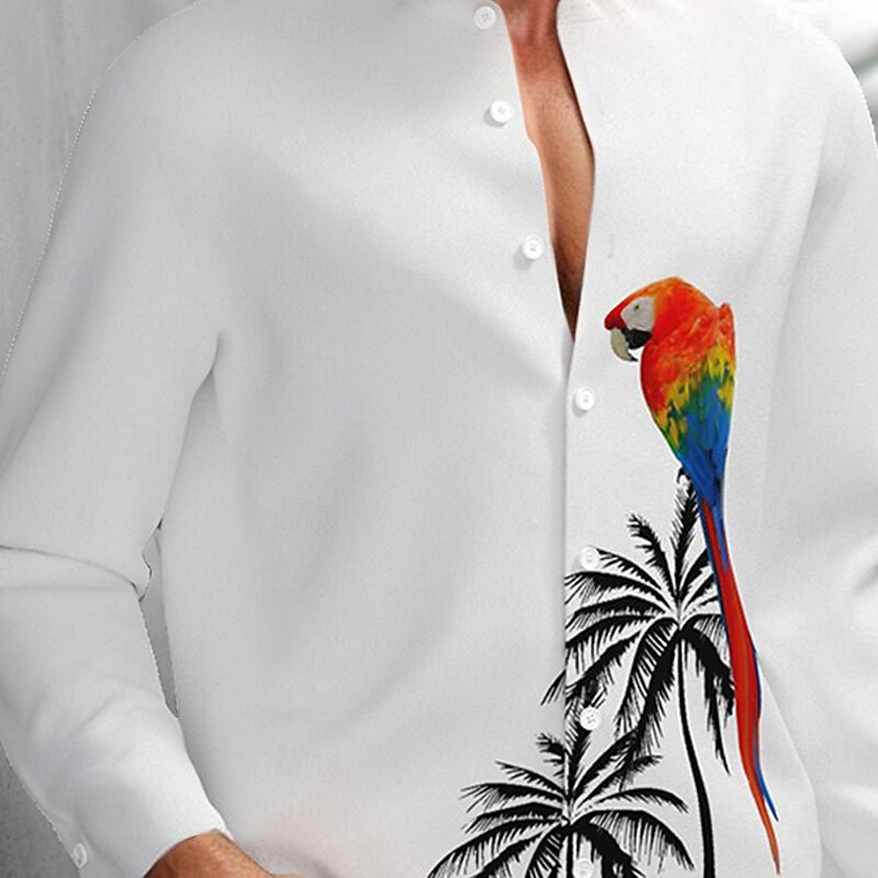 Men's Bird Coconut Tree Parrot Shirt Summer Hawaiian Shirt Collarless Shirt Long Sleeve Hawaiian Resort Vacation Casual Holiday Summer Spring Standing Collar 3D Print Button Down Shirts White2