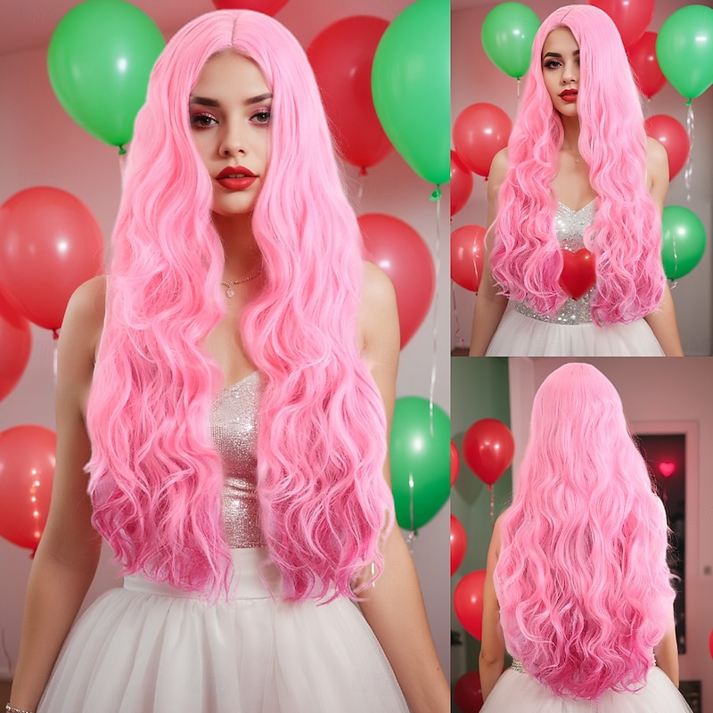 Synthetic Wig Curly Wavy With Bangs Machine Made Wig Long Pink+Red Synthetic Hair Women's Pink