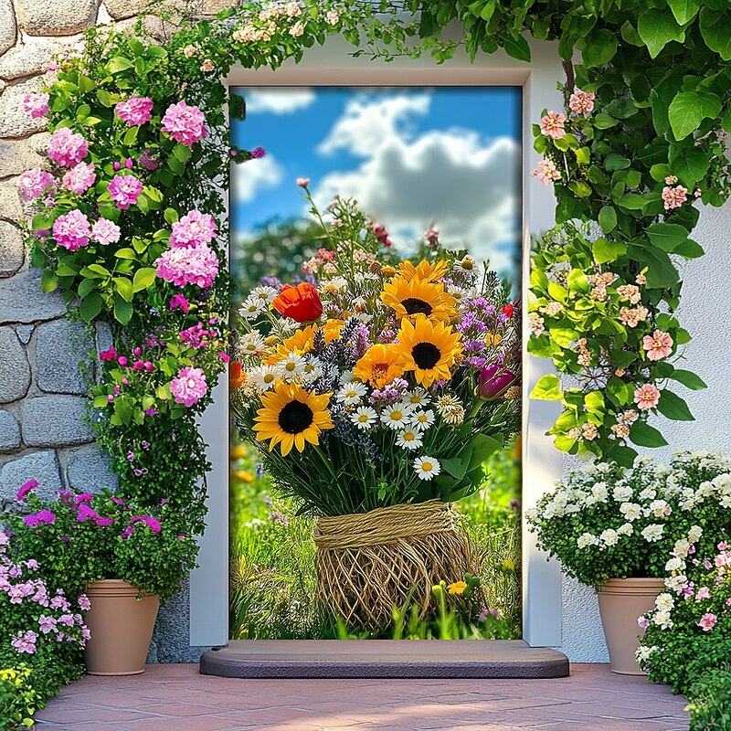 Landscape Door Decorations Door Covers Bunch of Flowers Door Tapestry Door Curtain Decoration Backdrop Indoor/Outdoor Door Banner for Front Door Farmhouse2