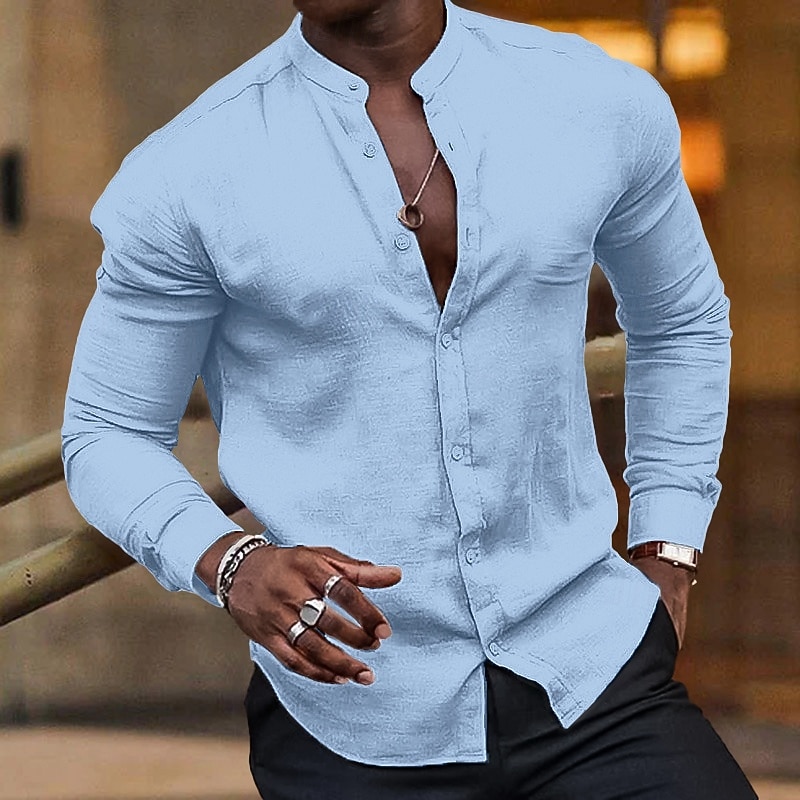 Men's Shirt Summer Shirt Beach Wear Band Collar Shirt Button Up Shirt Plain Vacation Hawaiian Black White Light Green Pink Long Sleeve Crew Neck Spring & Summer Clothing Apparel Basic