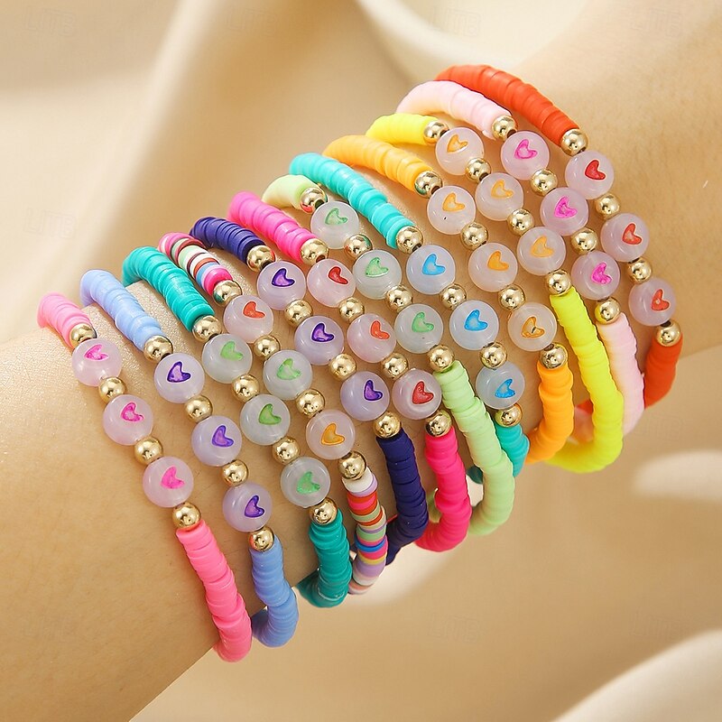 12pcs Glow-in-the-Dark Heart-Shaped Beads Soft Clay CCB Elastic Bracelet Set, Mixed Color, Fashion2
