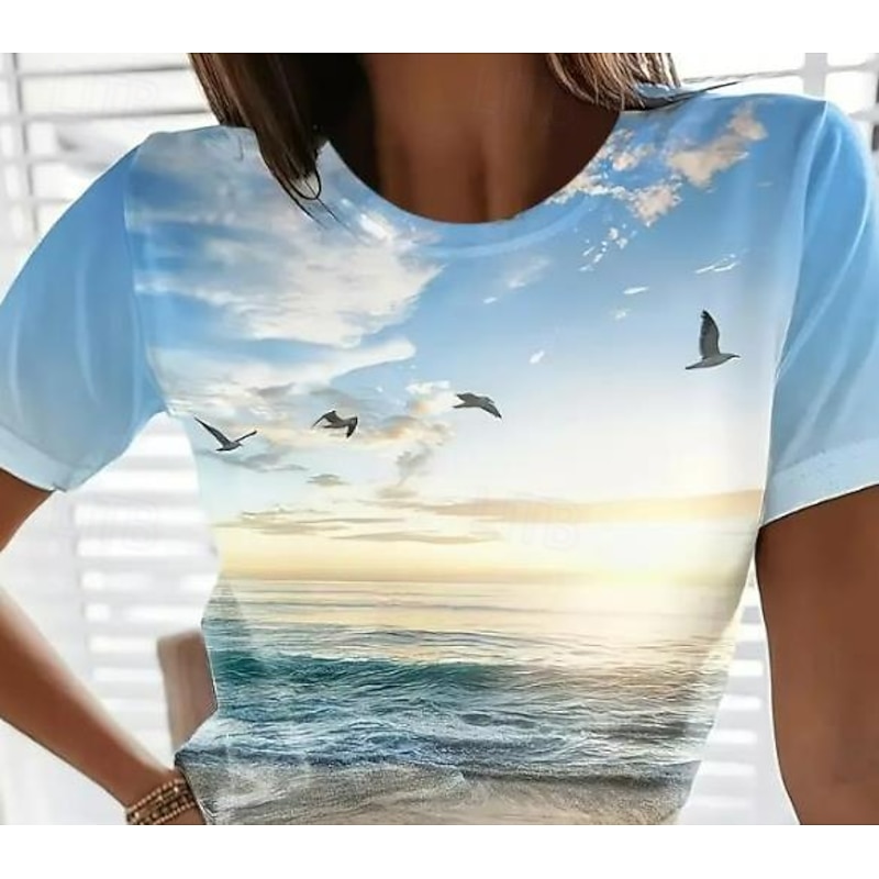 Women's T Shirt Rose Floral Graphic Elegant Vintage Fashion Short Sleeve Round Neck Regular Tops Daily Going out Weekend Print Light Blue Summer2