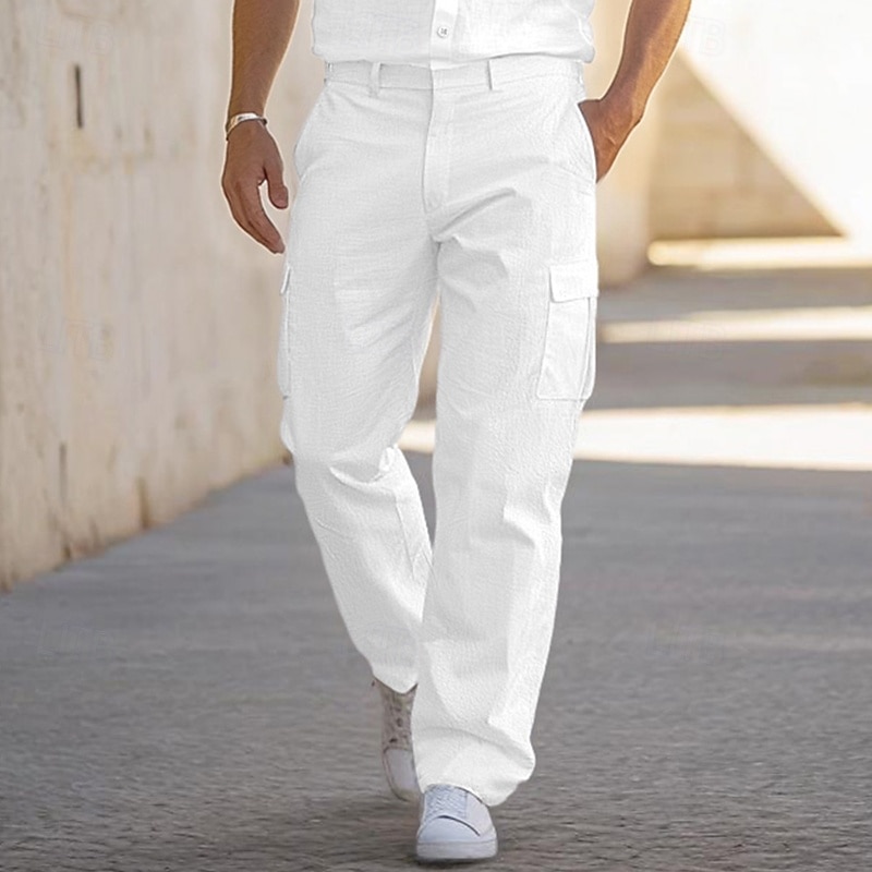 Men's Cargo Pants Linen Pants Trousers Summer Pants Multi Pocket Straight Leg Plain Comfort Breathable Full Length Outdoor Casual Daily Fashion Streetwear Black White3