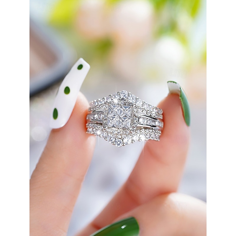 Luxury Wedding Ring Set with Cubic Zirconia, Silver-Plated, Elegant Bridal Jewelry for Women3