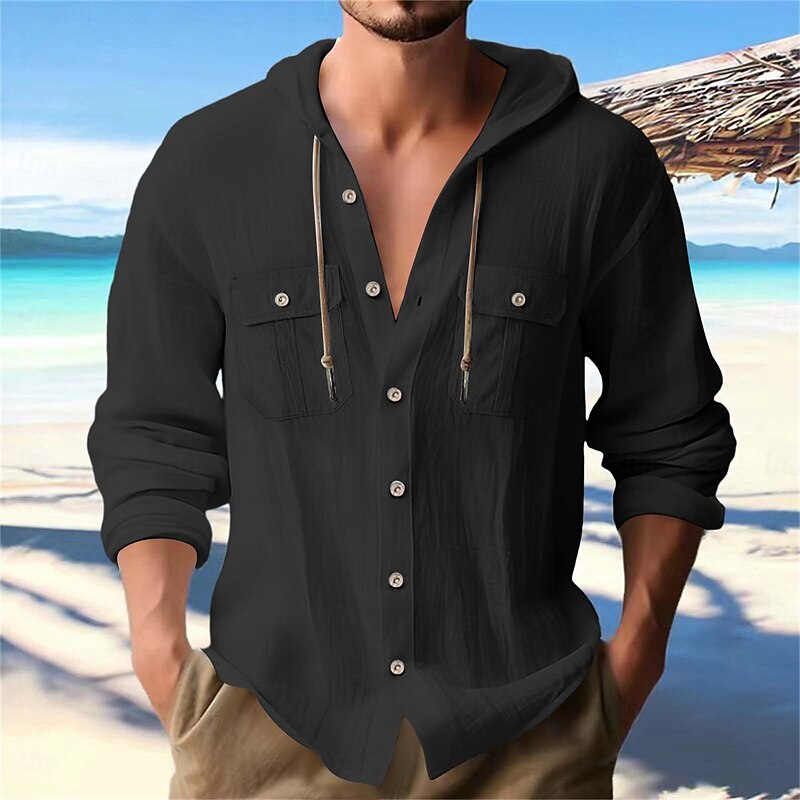 Men's Shirt Linen Shirt Summer Shirt Beach Shirt Plain Vacation Casual Black White Navy Blue Blue Long Sleeve Band Collar Spring & Summer Clothing Apparel4