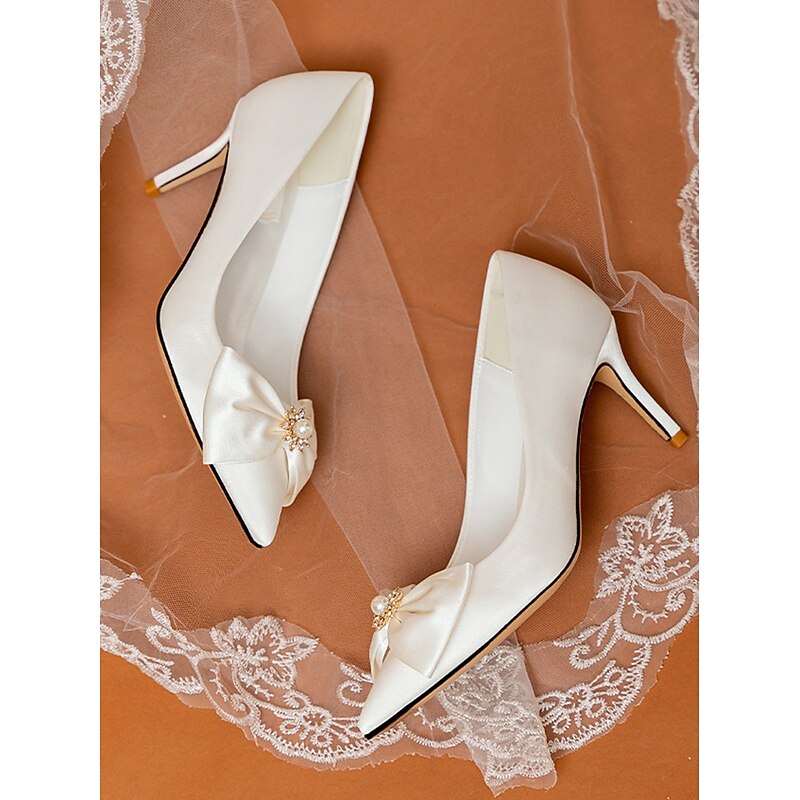Satin Bow Wedding Pumps – Women's Chic Pointed Toe Stiletto Heels with Pearl Accents for Bridal Wear