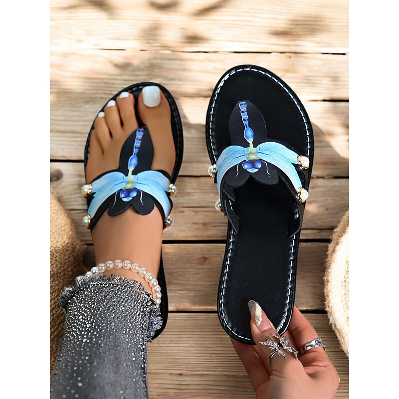 Black Dragonfly Flat Sandals for Women – Decorative Pearl and Blue Wings, Summer Beach Footwear3