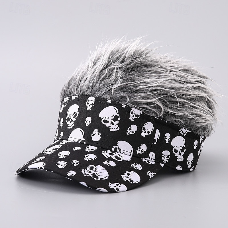 Men's Visor Hat with Spiked Wigs Fake Hair Visor Wig Men Sun Hat Baseball Cap Wig Hat Black Coffee 100% Cotton Print Fashion Casual Daily Festival Skulls Adjustable Sunscreen Breathable2