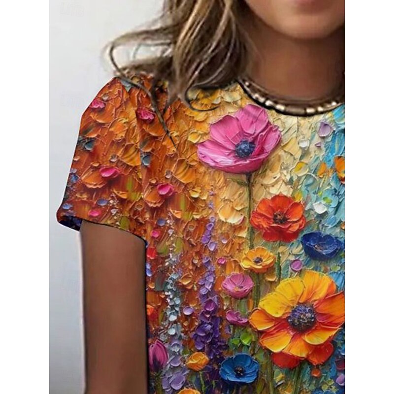 Women's T Shirt Floral Color Block Casual Short Sleeve Round Neck Regular Tops Daily Print Rainbow Summer2