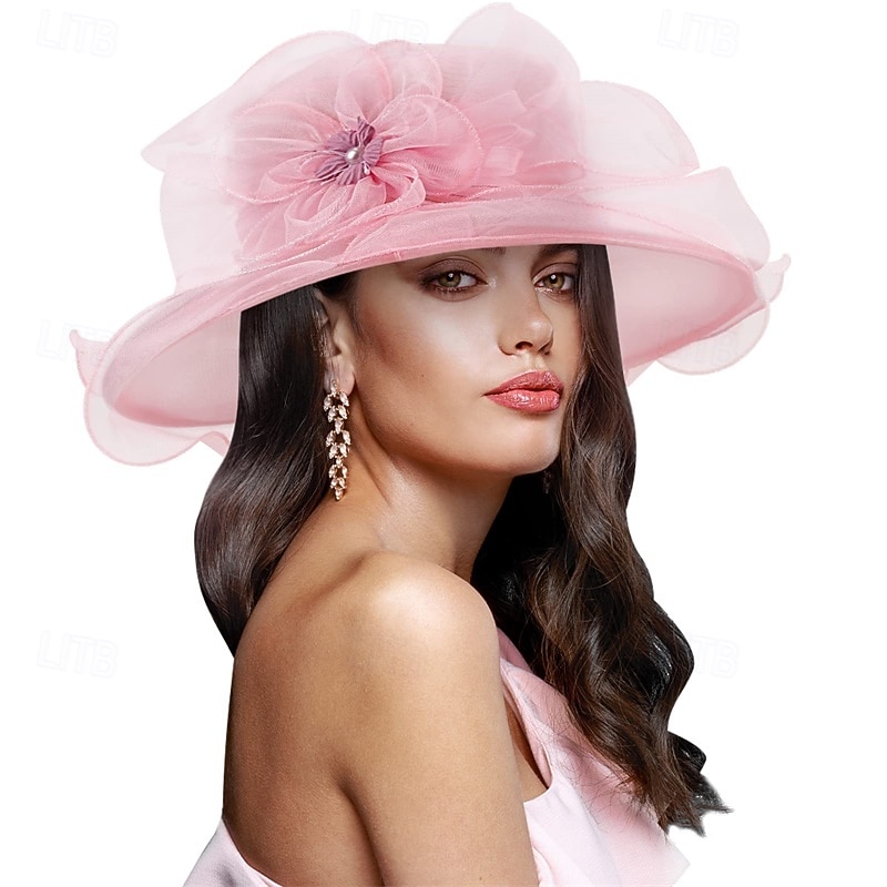 Women Organza Hat Church Cap Hats Cocktail Tea Party Wedding Bridal Flower Hat with Wide Brim