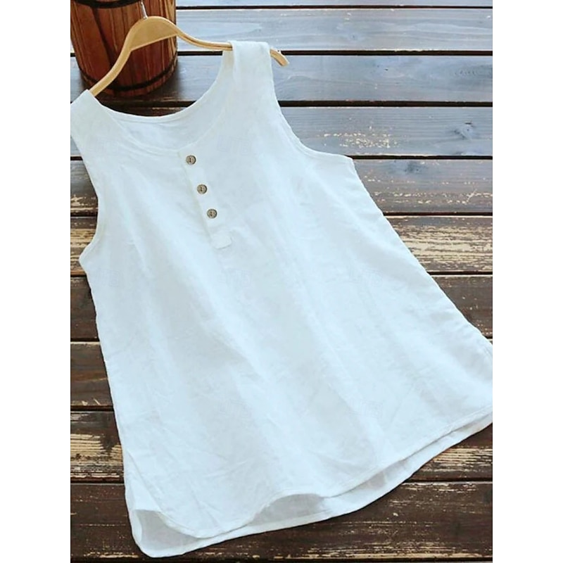Women's Shirt Linen-Inspired Shirts Blouse Solid Color Basic Casual Sleeveless Crew Neck Regular Tops Daily Buttons Black White Pink Blue Gray Summer