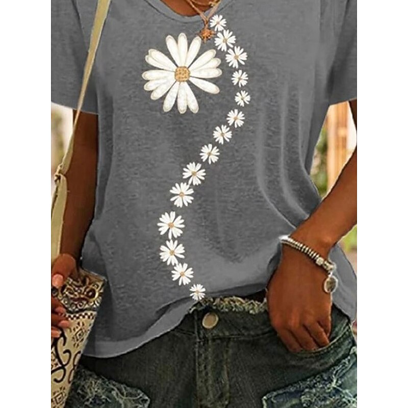 Women's T Shirt Floral Casual Short Sleeve V Neck Regular Tops Daily Print Gray Summer2