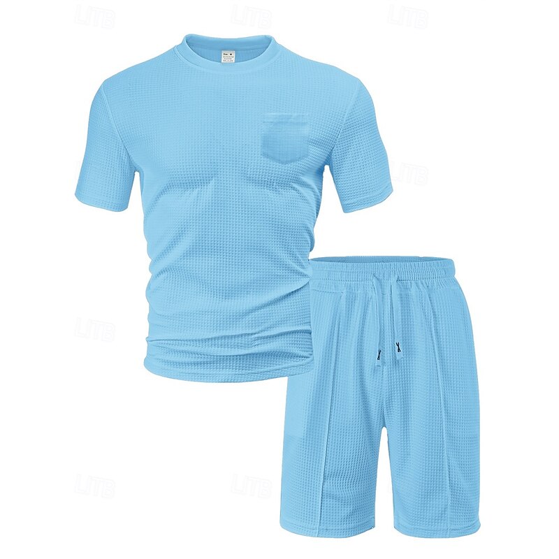Men's Waffle Shirt T-shirt Suits 2 Pieces Outfits Tee & Shorts Short Sleeve Crew Neck Summer Plain Fashion Casual Pocket 2 Piece Vacation Daily Wear Going out Black White Wine Top Tee for Men2