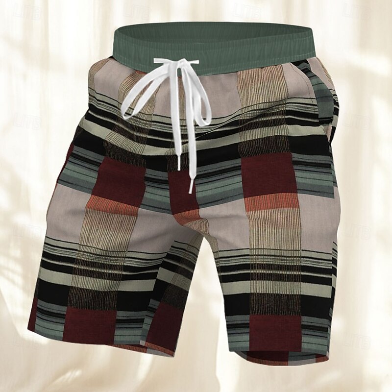 Men's Geometric Color Block Patchwork Board Shorts Swimming Trunks Summer Shorts Mid Waist Streetwear Hawaiian Vacation Drawstring Side Pockets Elastic Waist Designer Clothing Apparel