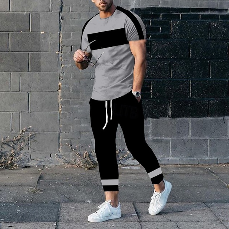 Men's T-shirt Suits Shirt and Pant Sets 2 Pieces Outfits Short Sleeve Crewneck Summer Color Block Fashion Casual 2 Piece Vacation Daily Wear Going out Black White Yellow Top Tee for Men3