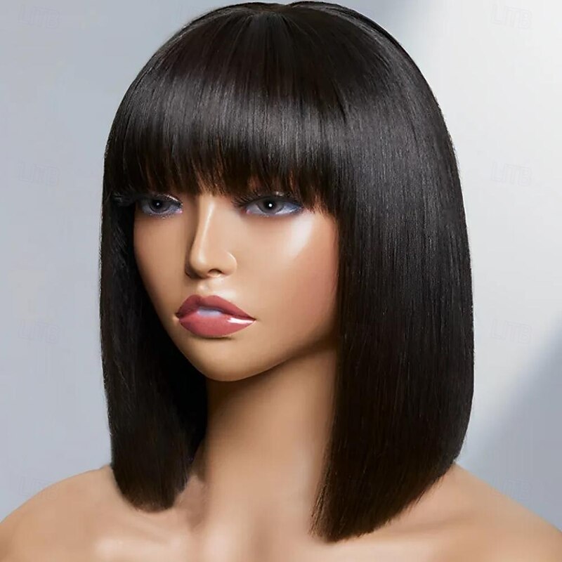 10 Inch Short Bob Wigs for Black Women Human Hair Glueless Bob Wigs with Bangs 130% Density Straight Black Wig None Lace Front Hair Wigs3