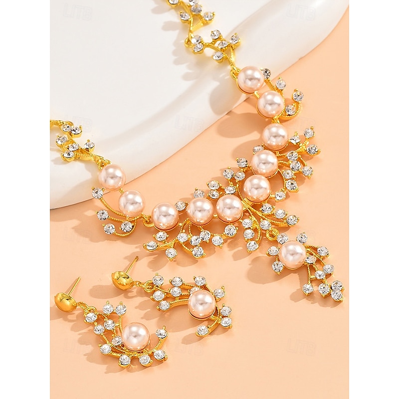 Elegant Pearl and Rhinestone Necklace and Earrings Set for Women – Bridal Jewelry for Weddings and Special Occasions4