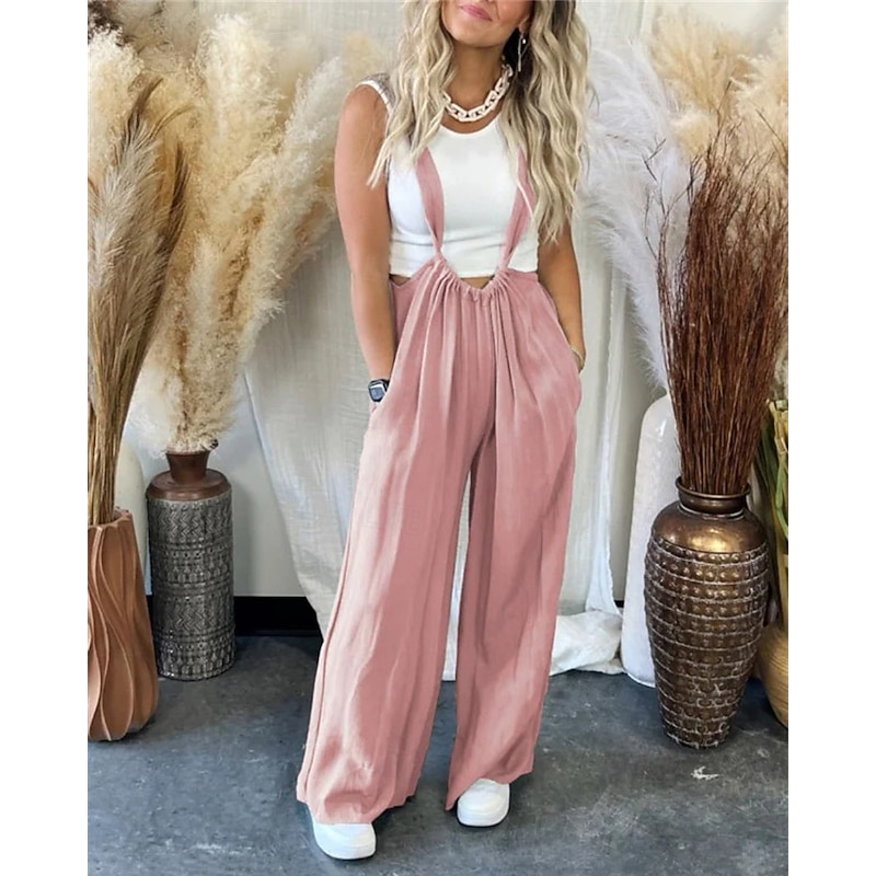 Women's Normal Overall Streetwear Solid Color Sleeveless Wide Leg Pocket Street Daily Regular Fit Black Pink Khaki Summer