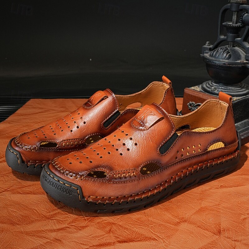 Men's Brown Leather Slip-On Sandals with Perforated Detailing and Stretch Panels – Comfortable and Stylish for Casual Wear, Outdoor and Summer Activities2