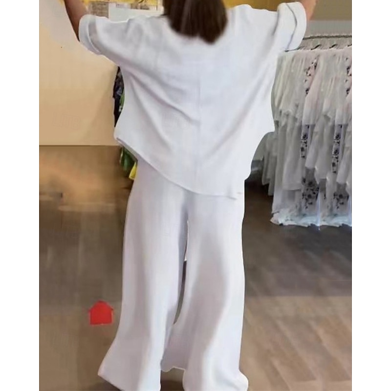 Women's Fashion Streetwear Shirt Cotton Linen Sets Two Piece Sets Linen Pants Pants Trousers Long Sleeve V Neck Solid Color Holiday Daily Wear Black White Navy Blue Summer Regular Fit2