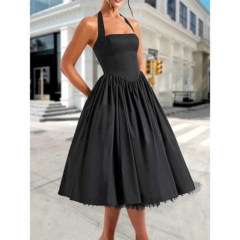 Retro Vintage 1950s Midi Dress Flare Dress Halter Solid Color A-Line Fancy Dress Women's Masquerade Wedding Vacation Tea Party Adults' Dress4