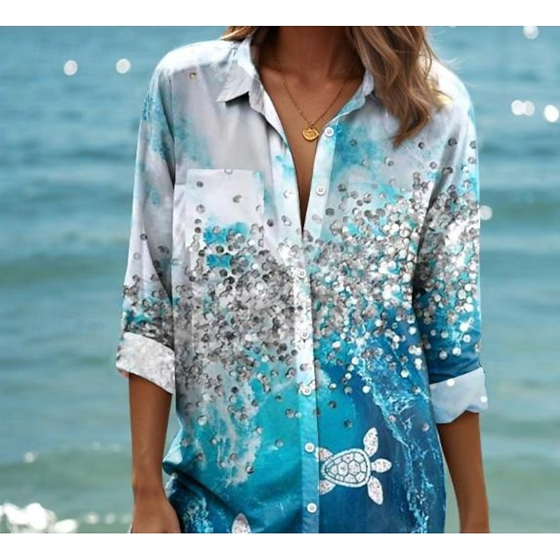 Women's Mini Dress Shirt Dress  Graphic Elegant Vintage Tropical Long Sleeve Shirt Collar Long  Buttons Print Blue Summer Spring2