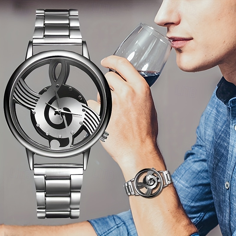 Fashion and Casual Music Note Notation Watch Stainless Steel Wristwatch for Men and Women Silver Watches