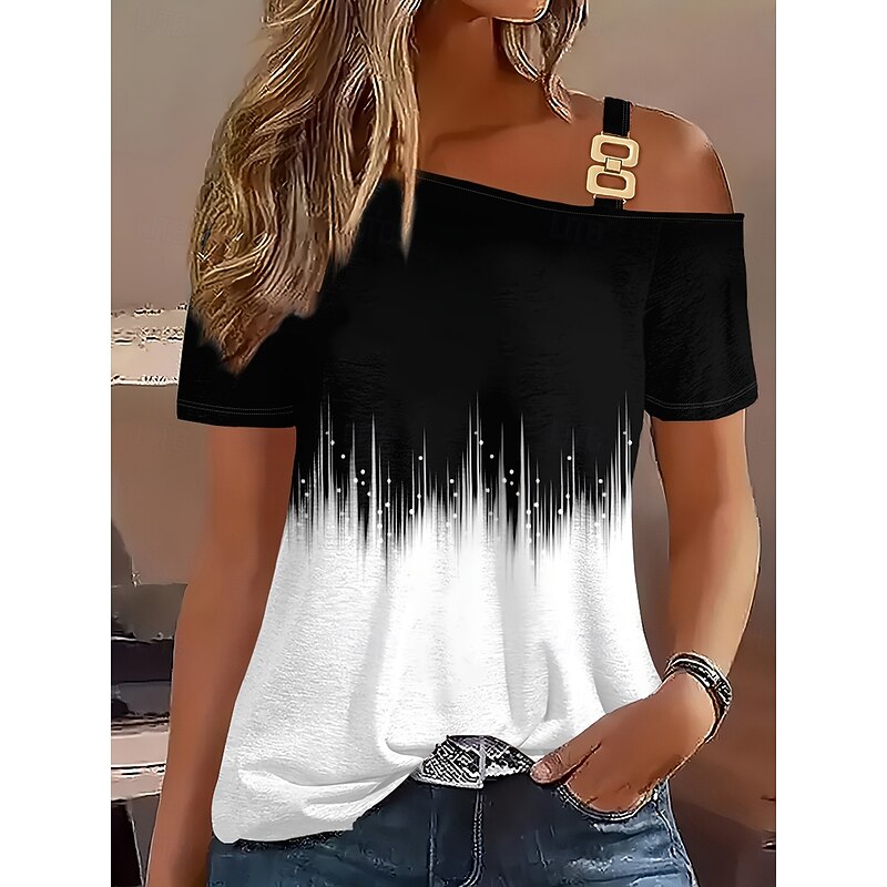 Women's T Shirt Color Gradient Casual Short Sleeve One Shoulder Regular Tops Daily Black Summer Spring