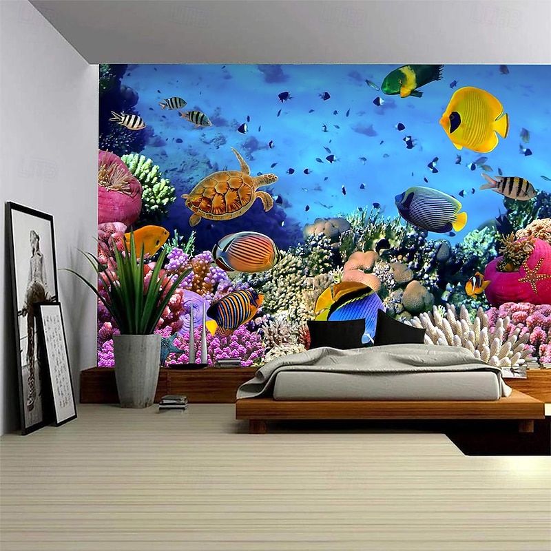 Landscape Ocean Fishes Hanging Tapestry Wall Art Large Tapestry Mural Decor Photograph Backdrop Blanket Curtain Home Bedroom Living Room Decoration