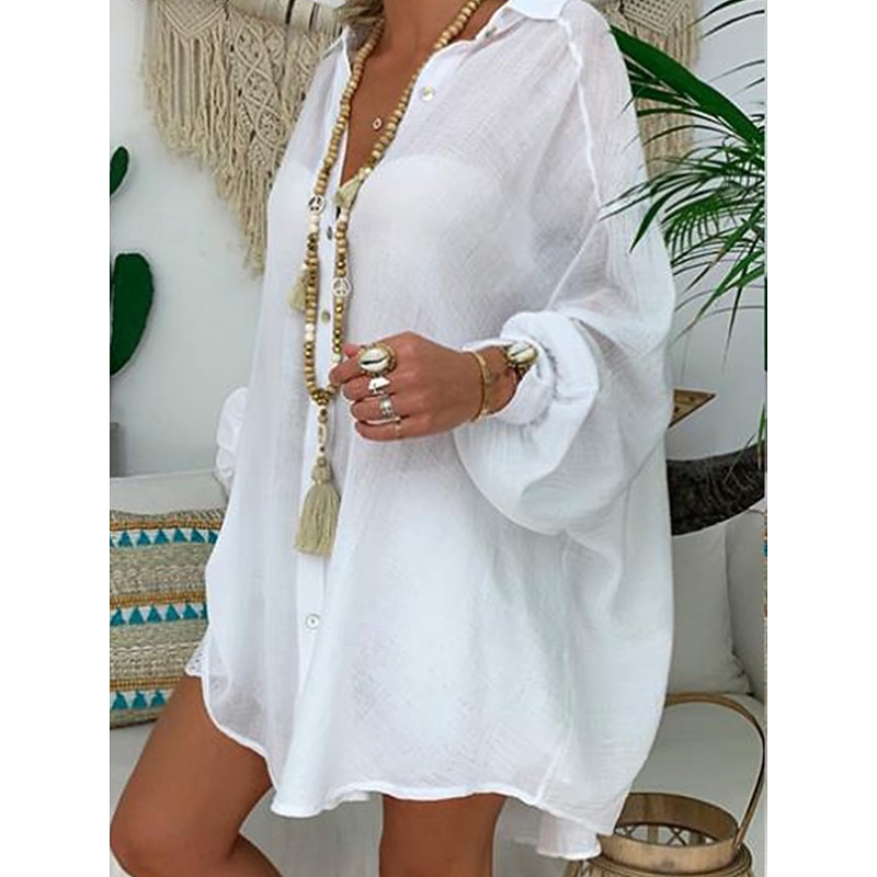 Women's Shirt Cotton Linen Shirts Button Up Blouse Solid Color Basic Casual Long Sleeve Polo Collar Long Tops Daily Buttons Black White Blue Gray Summer