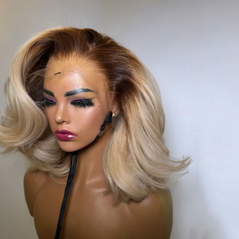 Remy Human Hair 5x5 Closure 13x4 Lace Front Wig Bob Short Bob Brazilian Hair Wavy Blonde Wig 130% 150% Density with Baby Hair Ombre Hair Pre-Plucked For Women Short Human Hair Lace Wig4