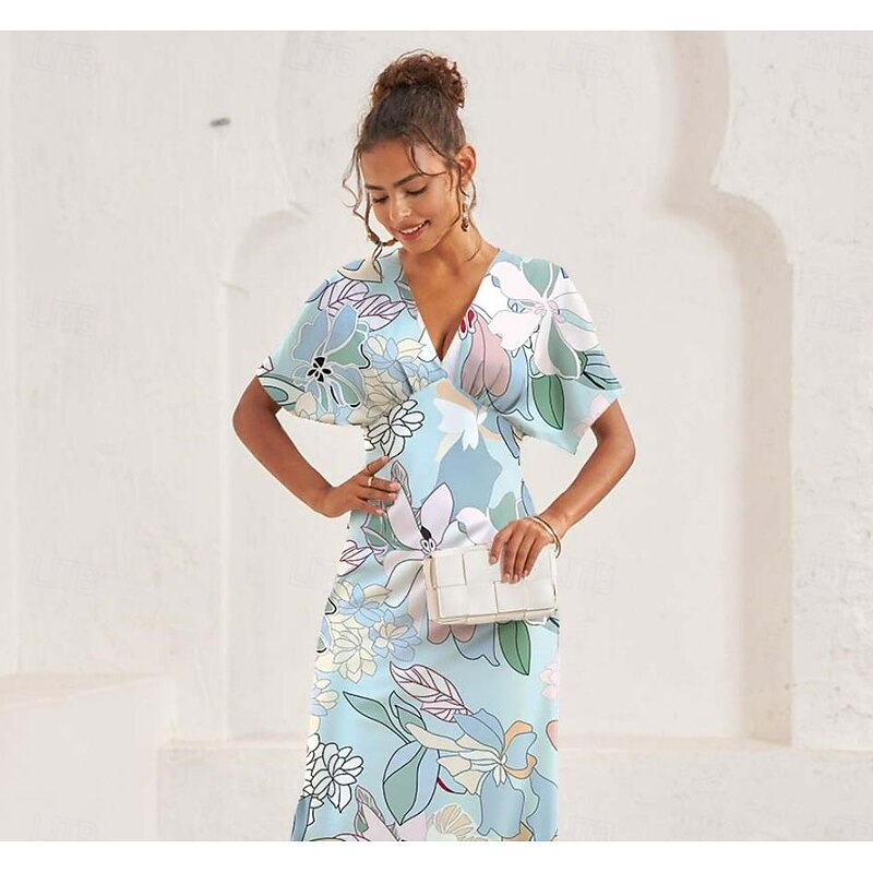 Women's Midi Dress A Line Dress Elegant Vintage Stylish Vacation Wedding Guest Engagement Regular Fit Graphic Vintage Short Sleeve V Neck Blue Summer2