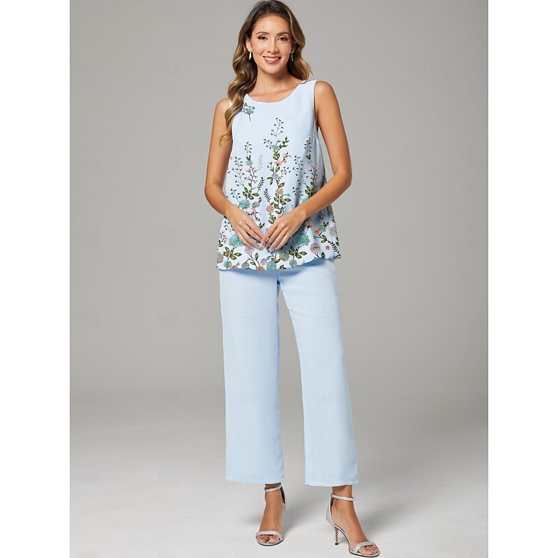 Floral Pantsuit 3 Piece Mother of the Bride Wedding Guest Elegant Jewel Neck Floor Length Chiffon Long Sleeve Wrap Included with Lace Ruffles Embroidery3