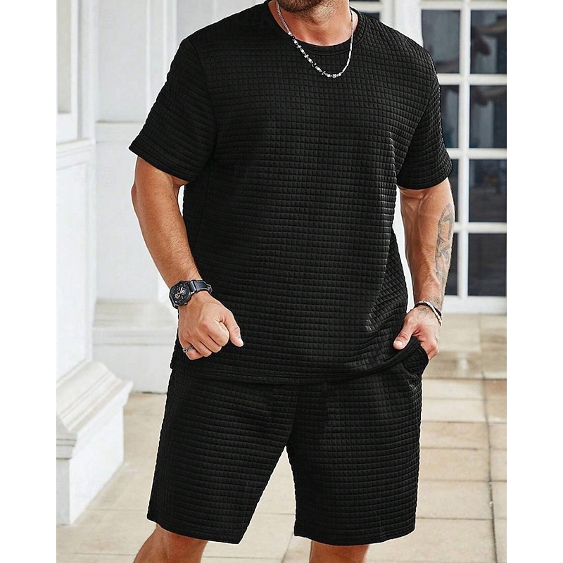 Men's Waffle Tracksuit T shirt & Shorts Set Outfit Set Crew Neck Outdoor Daily Sports Pocket Drawstring 2 Piece Plain Black White Khaki Polyester Activewear Classic Casual Summer4