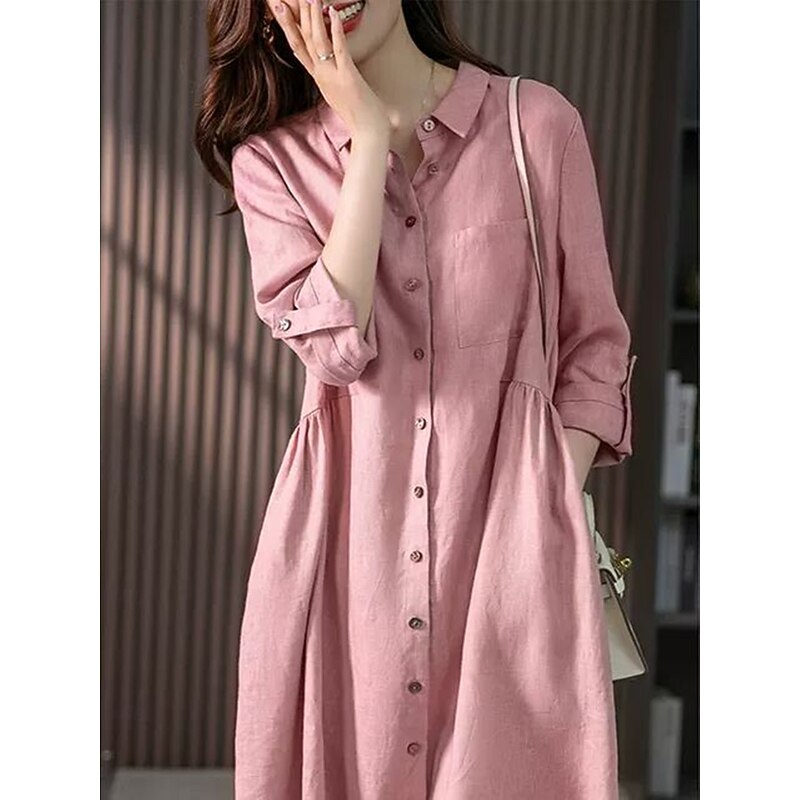 Women's Midi Dress Casual Dress Cotton Linen Dress A Line Dress Basic Casual Vacation Daily Regular Fit Plain 3/4 Length Sleeve Shirt Collar Pink Green Summer Spring Fall