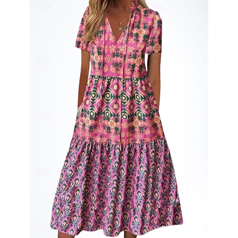 Women's Midi Dress Casual Dress Boho Dress Stylish Casual Vacation Casual Daily Loose Fit Floral Short Sleeve V Neck Pink Spring Fall4