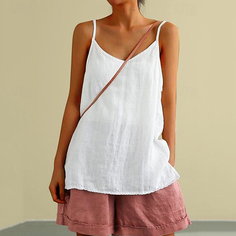 Women's Cotton Linen Vest  Plain Daily Stylish Basic Linen Vest V Neck Regular Tops Work Daily Holiday Black White Blue Summer