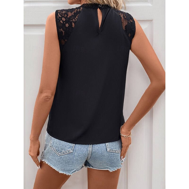 Women's Camisole Tank Top Solid Color Casual Sleeveless Turtleneck Regular Tops Daily Lace Patchwork Navy Blue Green Gray Summer2