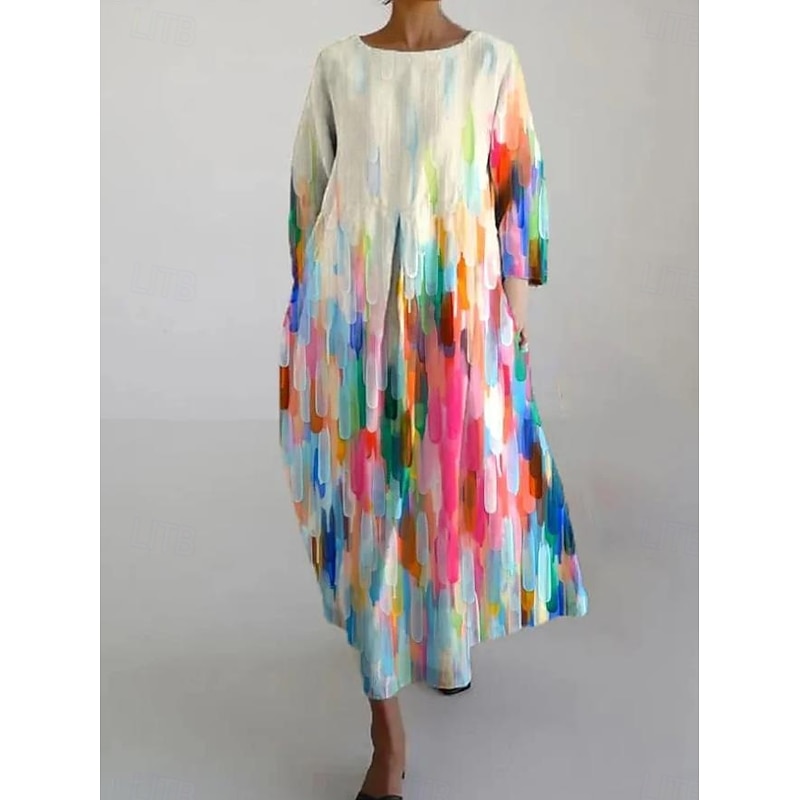Women's Maxi Dress Casual Dress Casual Vacation Loose Fit Ombre Graphic Geometric 3/4 Length Sleeve Crew Neck Linen Like Colourful Spring Fall Winter