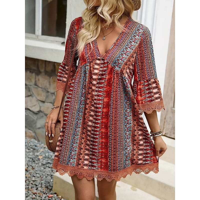 Women's Mini Dress Petite Dress Casual Dress Boho Dress Stylish Casual Vacation Daily Regular Fit Graphic Geometric 3/4 Length Sleeve V Neck Pink Red Blue Summer3