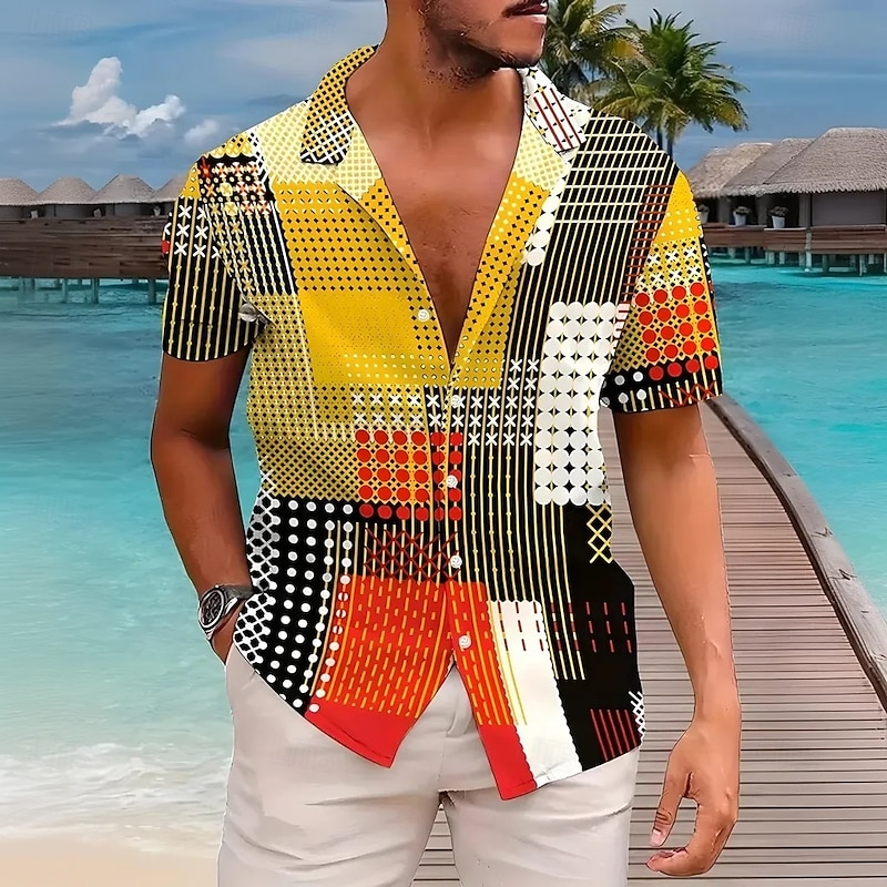 Men's Patchwork Geometric Pattern Shirt Cuban Collar Shirt Short Sleeve Fashion Casual Vacation Holiday Streetwear Summer Spring Camp Collar Shirt 3D Print Yellow Blue Purple Green
